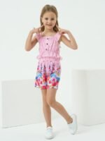 Kids Toddler Girls Summer Clothes Button Design Striped Tank Top + Floral-Print Elastic Shorts 2 Piece - Image 2