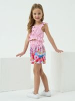 Kids Toddler Girls Summer Clothes Button Design Striped Tank Top + Floral-Print Elastic Shorts 2 Piece - Image 3
