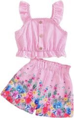 Kids Toddler Girls Summer Clothes Button Design Striped Tank Top + Floral-Print Elastic Shorts 2 Piece