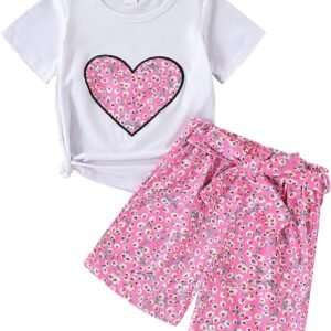 Cute Girl Heart Pattern Printed Short Sleeve Top + Printed Belt Shorts Summer 2-Piece Set