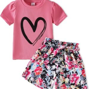Kids Girl Clothes Heart Print Short Sleeve Top and Shorts Cute Girl Summer Outfits Short Set