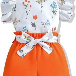3-8T Toddler Kid Girl Outfits Clothes Ruffle Short Sleeve Floral T-Shirt Top Summer Shorts with Belt