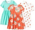 PATPAT Toddler Girl Floral Skater Multipack Dresses 3-Pack Polka Dots Short Sleeve Priness A-line Dress