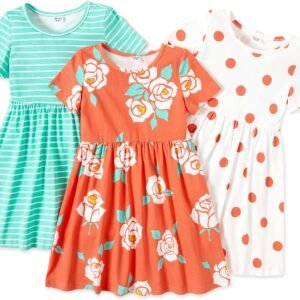 PATPAT Toddler Girl Floral Skater Multipack Dresses 3-Pack Polka Dots Short Sleeve Priness A-line Dress