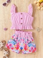 Kids Toddler Girls Summer Clothes Button Design Striped Tank Top + Floral-Print Elastic Shorts 2 Piece - Image 6