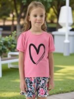Kids Girl Clothes Heart Print Short Sleeve Top and Shorts Cute Girl Summer Outfits Short Set - Image 2